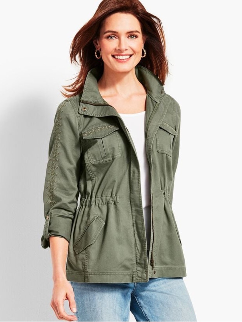 Talbots Casual Cotton Embroidered Safari Jacket Women’s Small Olive Green